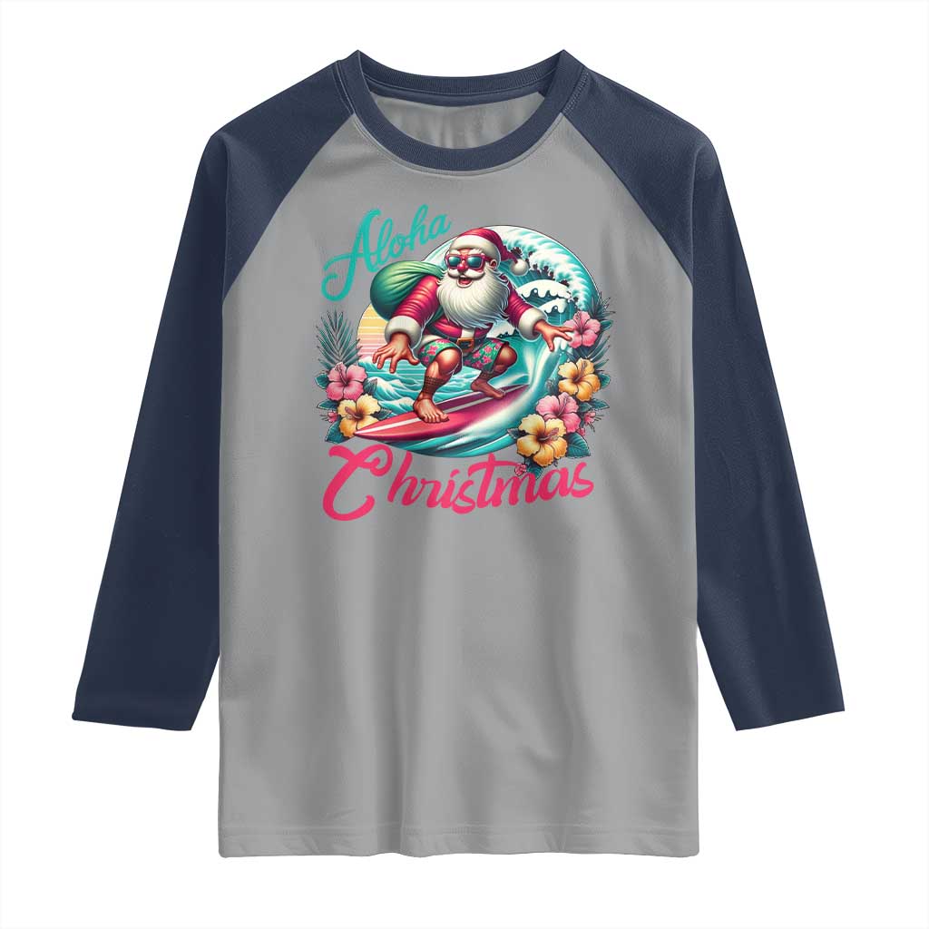 Christmas In Hawaii Raglan Shirt Aloha Christmas Santa Surfing Hibiscus Flower - Wonder Print Shop