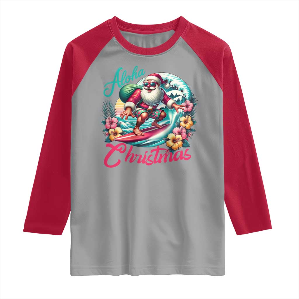 Christmas In Hawaii Raglan Shirt Aloha Christmas Santa Surfing Hibiscus Flower - Wonder Print Shop