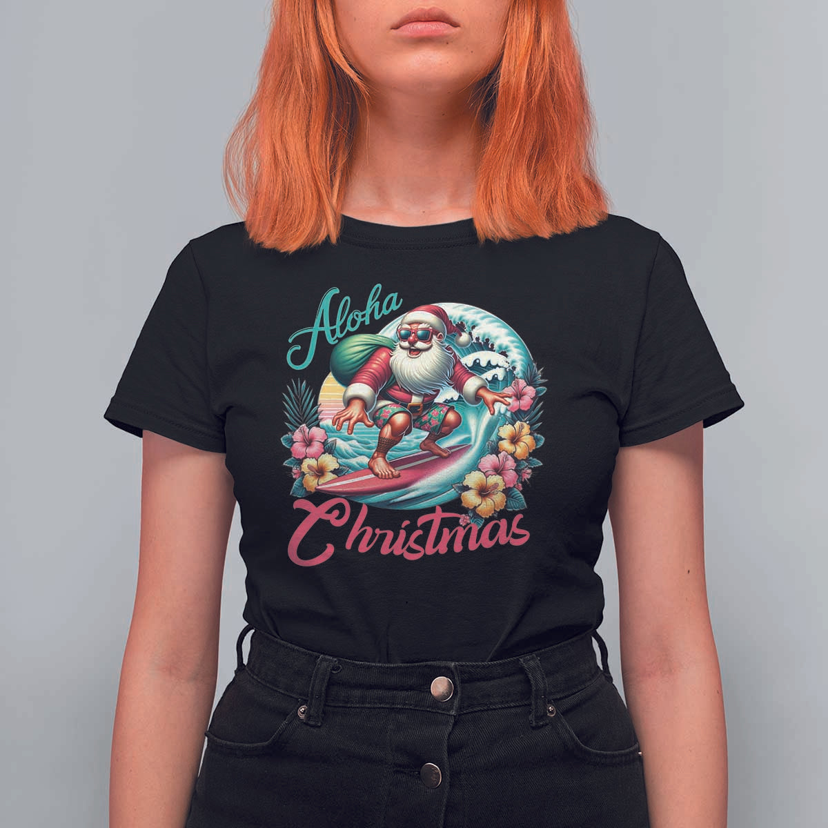 Xmas In Hawaii T Shirt For Women Aloha Christmas Santa Surfing Hibiscus Flower - Wonder Print Shop