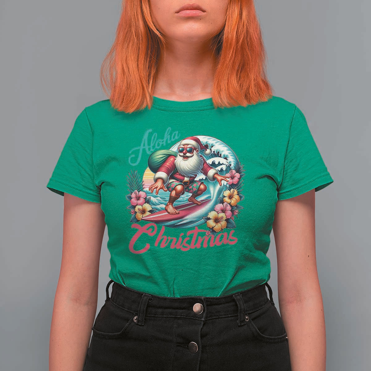 Xmas In Hawaii T Shirt For Women Aloha Christmas Santa Surfing Hibiscus Flower - Wonder Print Shop
