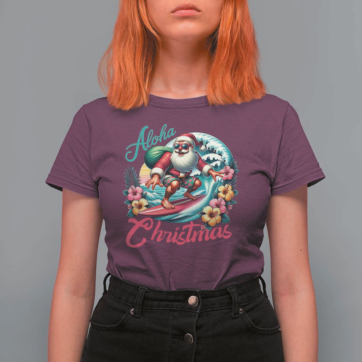 Xmas In Hawaii T Shirt For Women Aloha Christmas Santa Surfing Hibiscus Flower - Wonder Print Shop