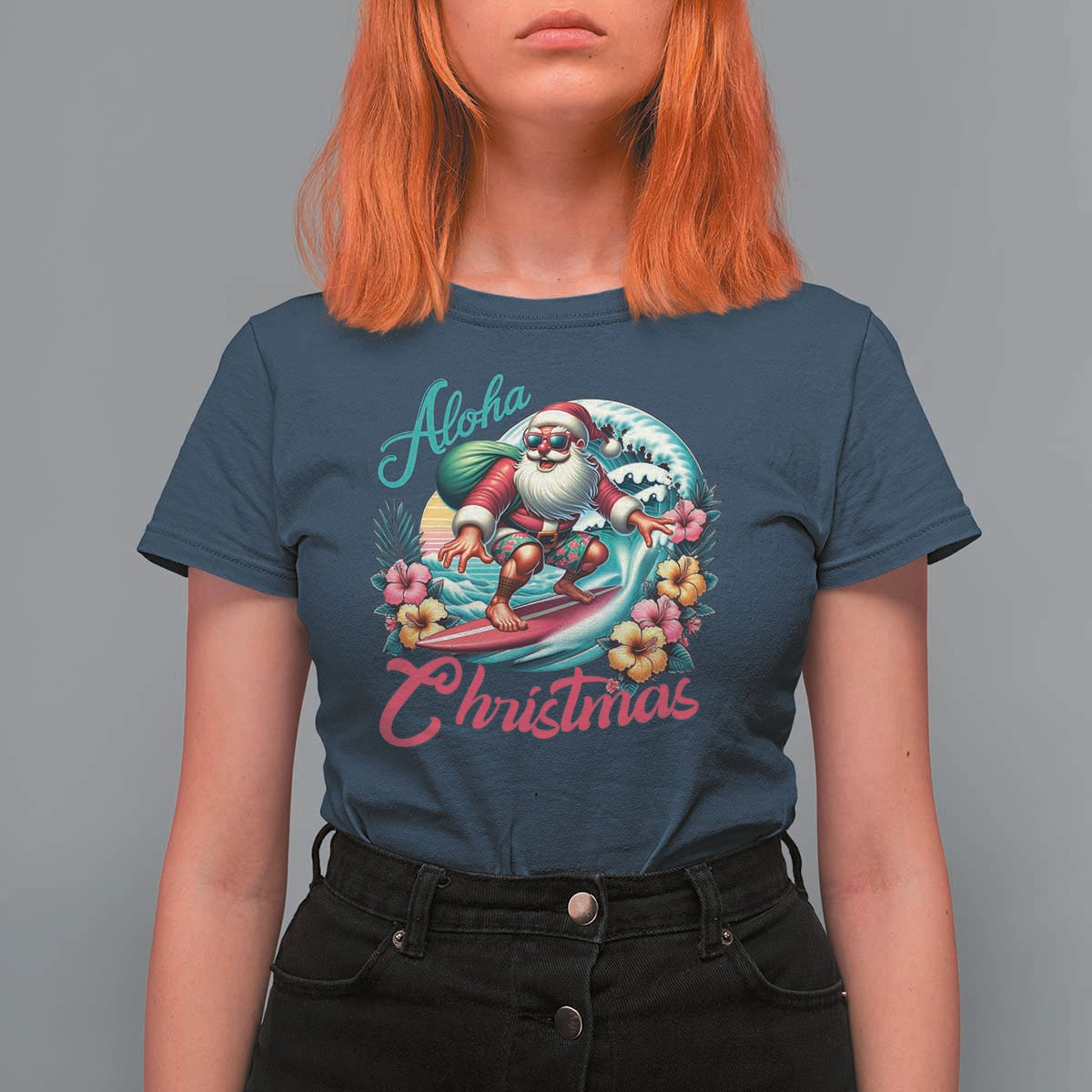 Xmas In Hawaii T Shirt For Women Aloha Christmas Santa Surfing Hibiscus Flower - Wonder Print Shop