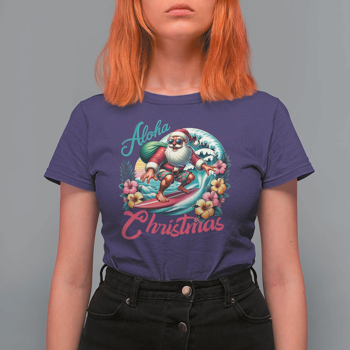 Xmas In Hawaii T Shirt For Women Aloha Christmas Santa Surfing Hibiscus Flower - Wonder Print Shop