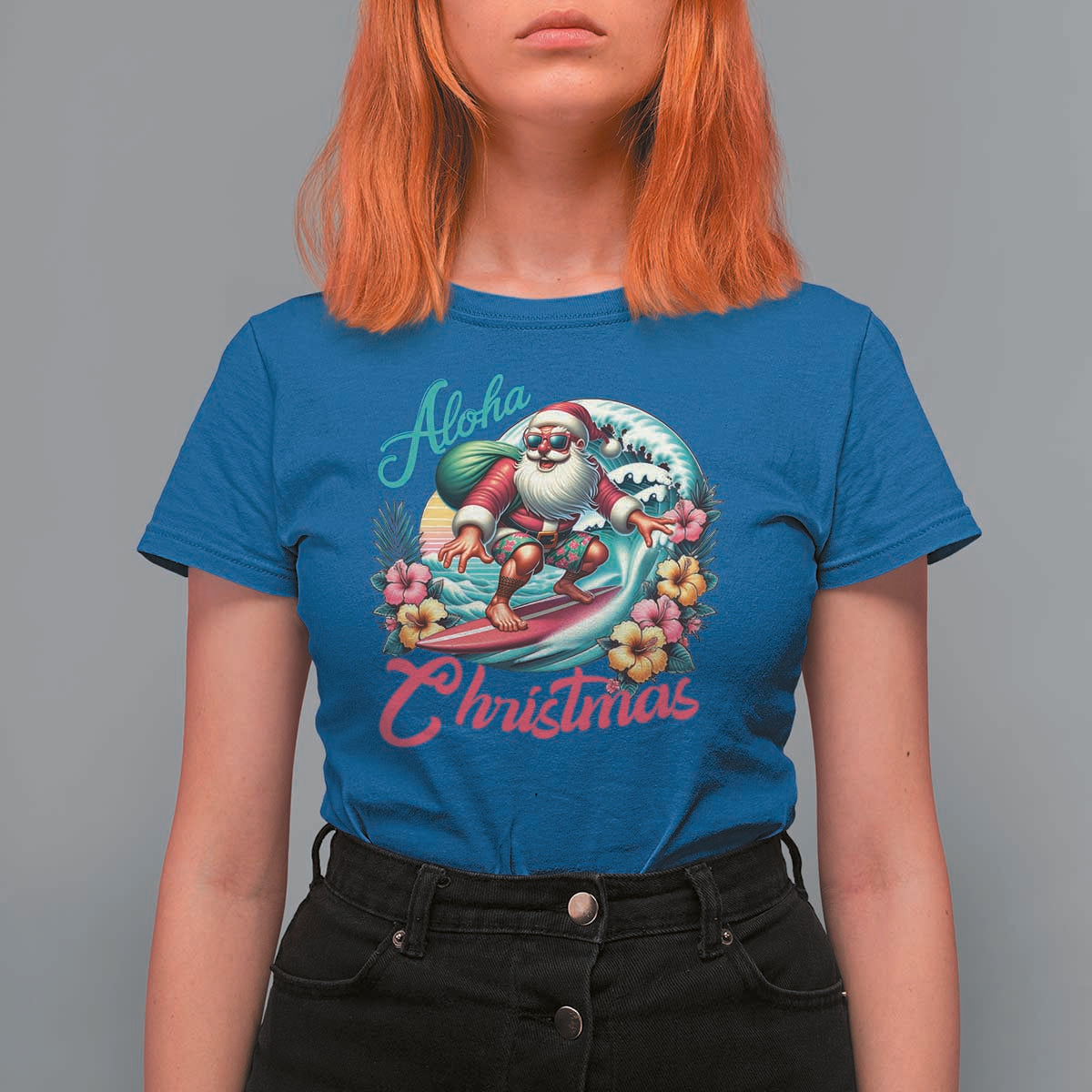 Xmas In Hawaii T Shirt For Women Aloha Christmas Santa Surfing Hibiscus Flower - Wonder Print Shop