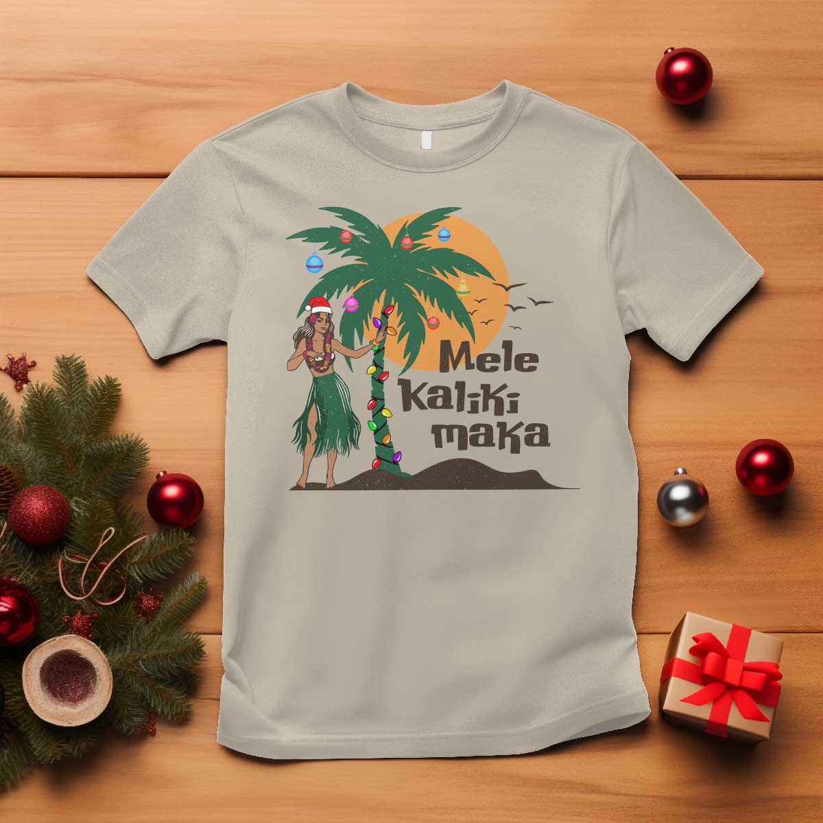 Christmas In Hawaii T Shirt Mele Kalikimaka Retro Hula Girls Santa Hat Xmas - Wonder Print Shop