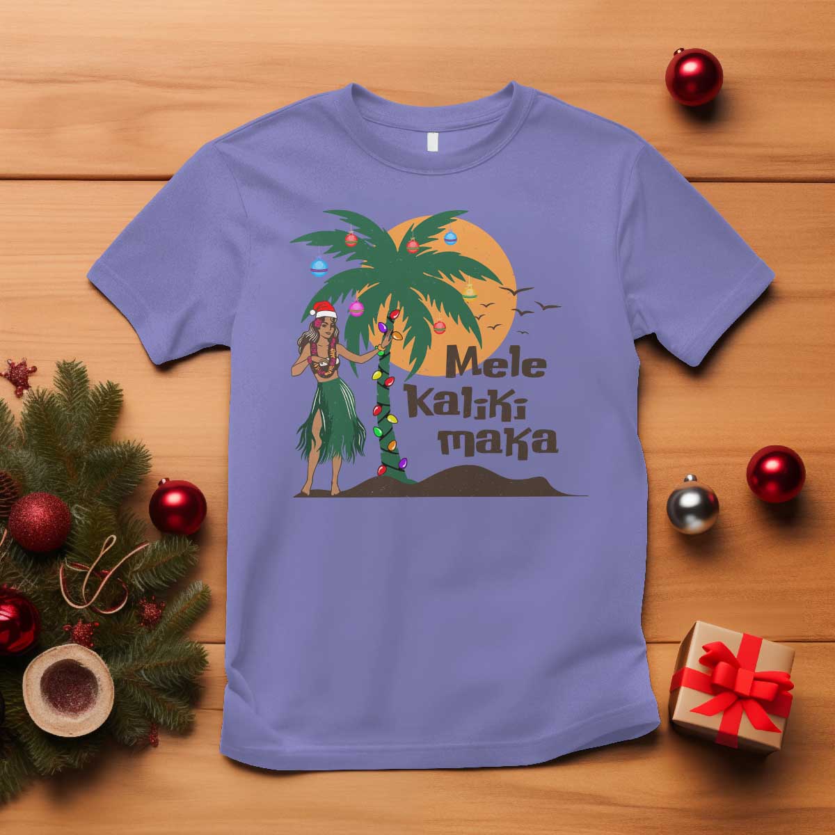 Christmas In Hawaii T Shirt Mele Kalikimaka Retro Hula Girls Santa Hat Xmas - Wonder Print Shop