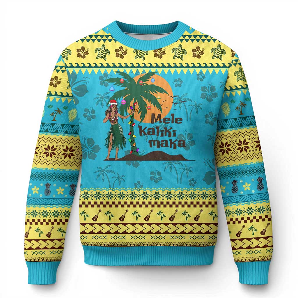 Xmas In Hawaii Ugly Christmas Sweater Mele Kalikimaka Retro Hula Girls Santa Hat - Wonder Print Shop