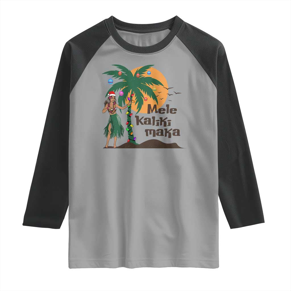 Christmas In Hawaii Raglan Shirt Mele Kalikimaka Retro Hula Girls Santa Hat Xmas
