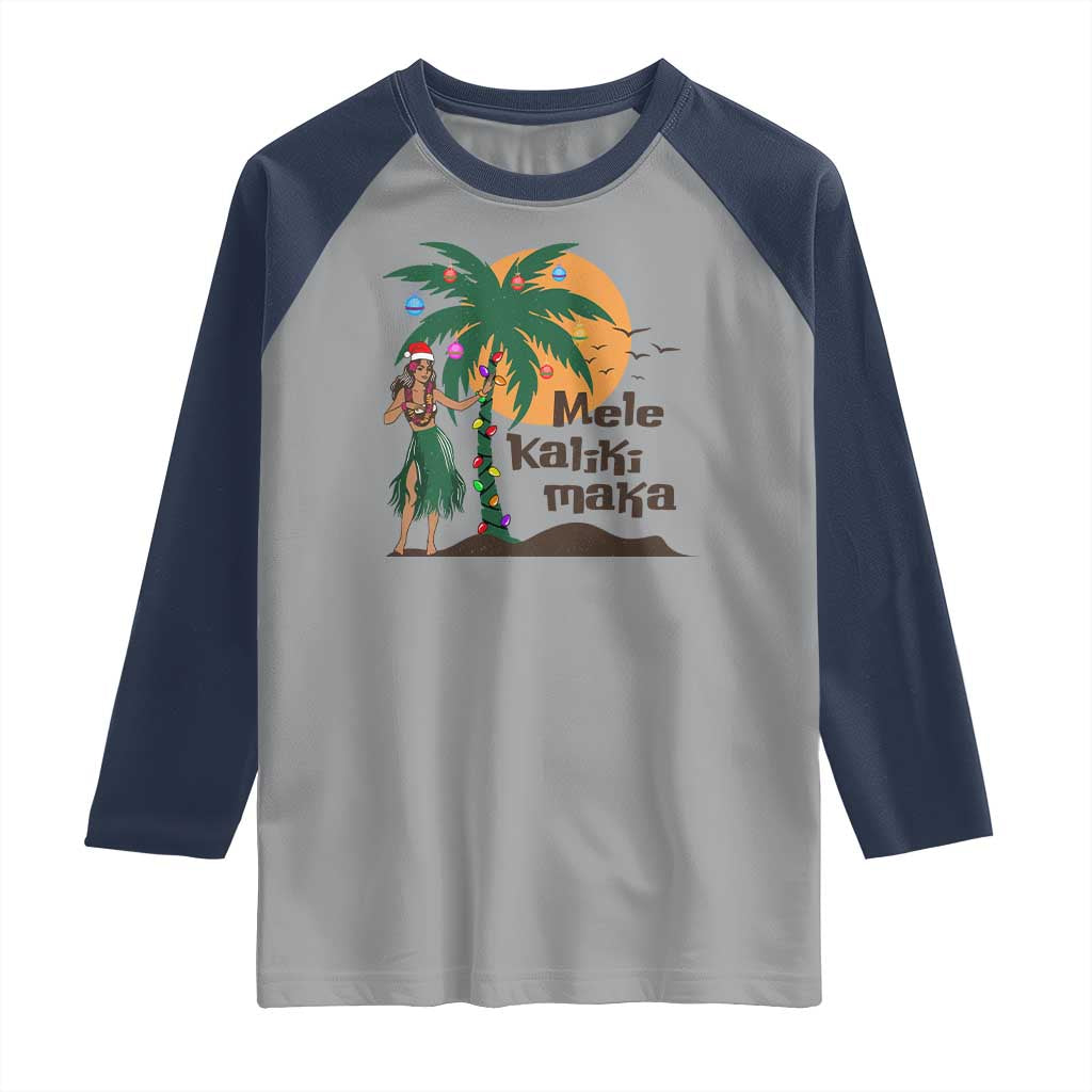 Christmas In Hawaii Raglan Shirt Mele Kalikimaka Retro Hula Girls Santa Hat Xmas
