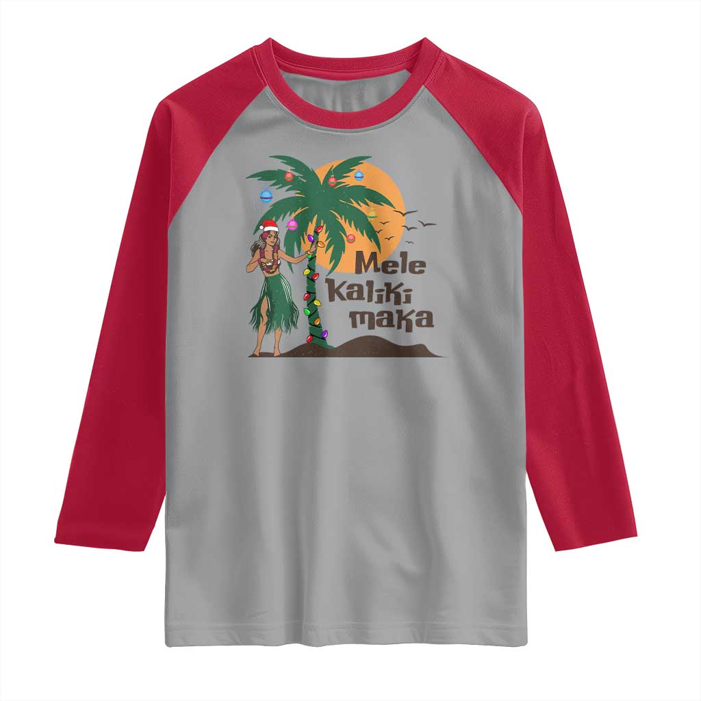 Christmas In Hawaii Raglan Shirt Mele Kalikimaka Retro Hula Girls Santa Hat Xmas