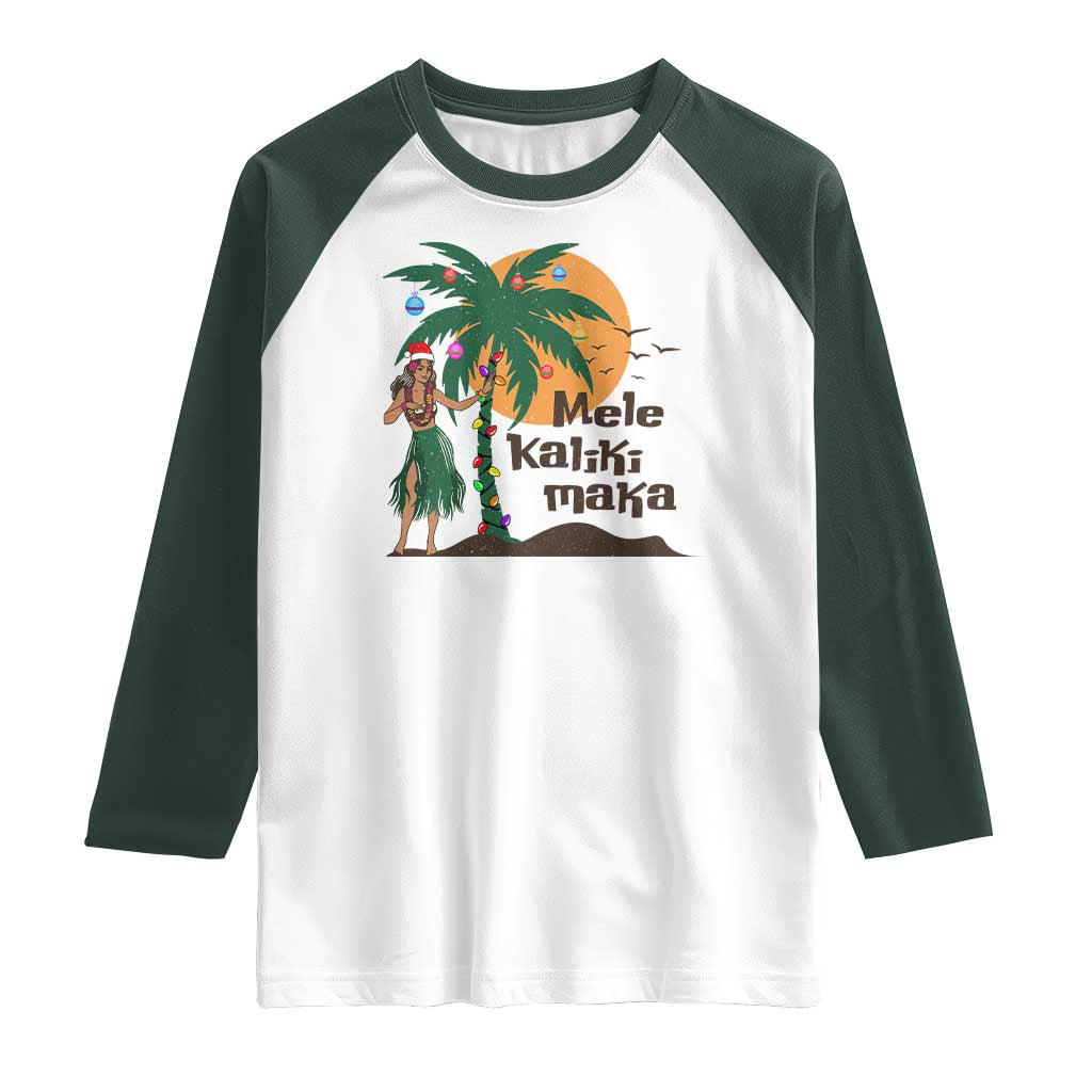 Christmas In Hawaii Raglan Shirt Mele Kalikimaka Retro Hula Girls Santa Hat Xmas