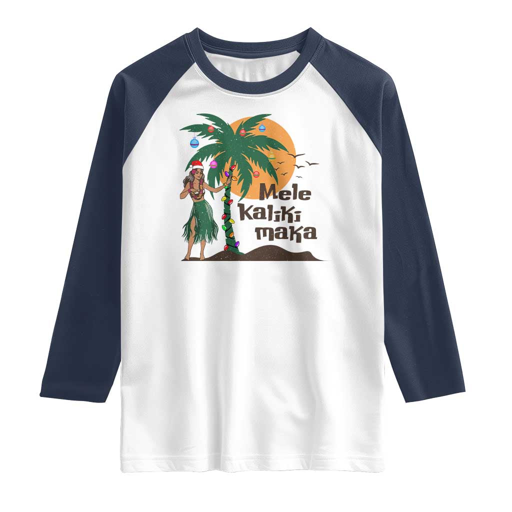 Christmas In Hawaii Raglan Shirt Mele Kalikimaka Retro Hula Girls Santa Hat Xmas