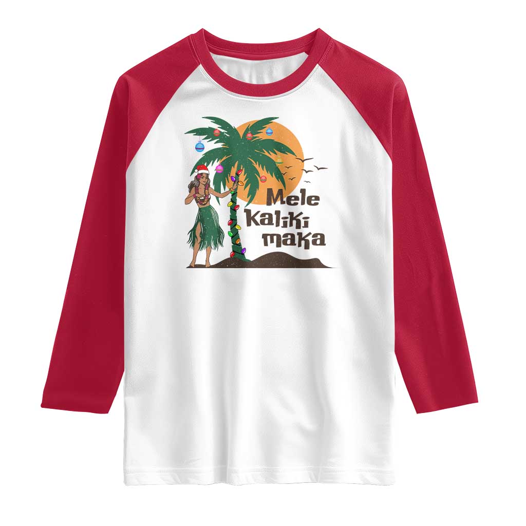 Christmas In Hawaii Raglan Shirt Mele Kalikimaka Retro Hula Girls Santa Hat Xmas