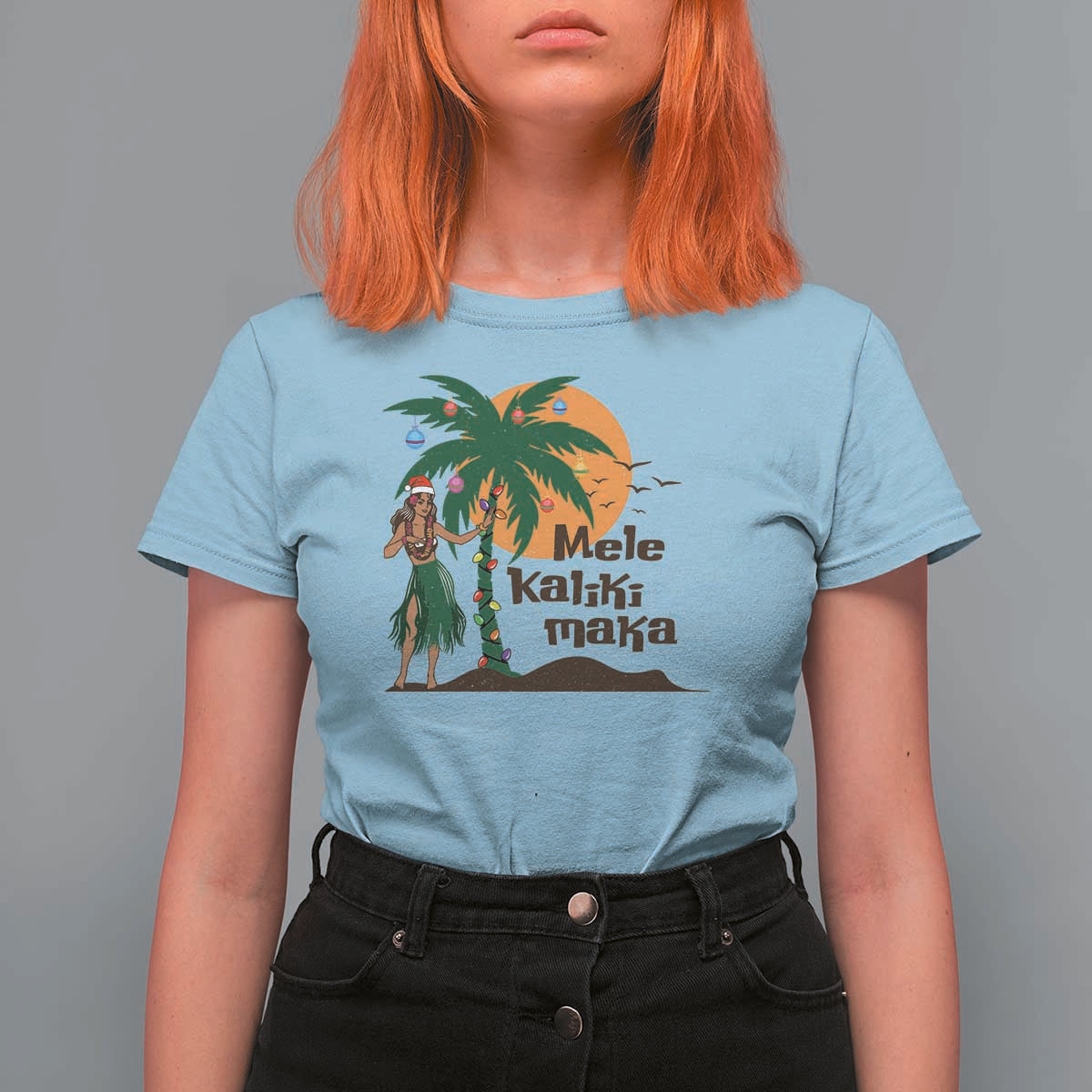 Christmas In Hawaii T Shirt For Women Mele Kalikimaka Retro Hula Girls Santa Hat Xmas - Wonder Print Shop