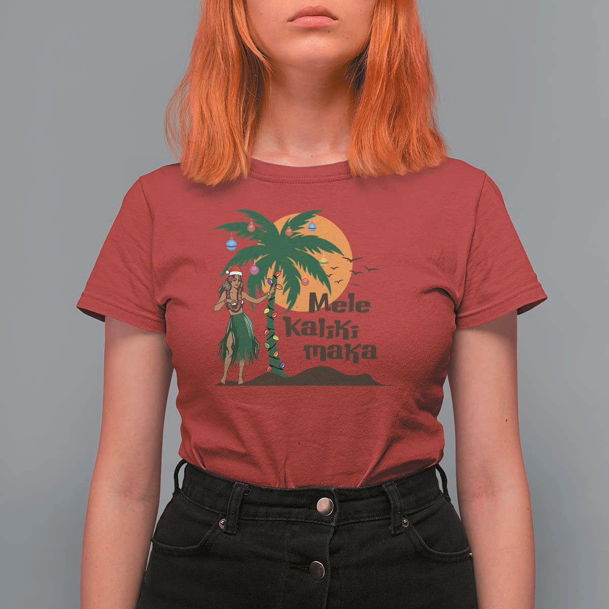 Christmas In Hawaii T Shirt For Women Mele Kalikimaka Retro Hula Girls Santa Hat Xmas - Wonder Print Shop