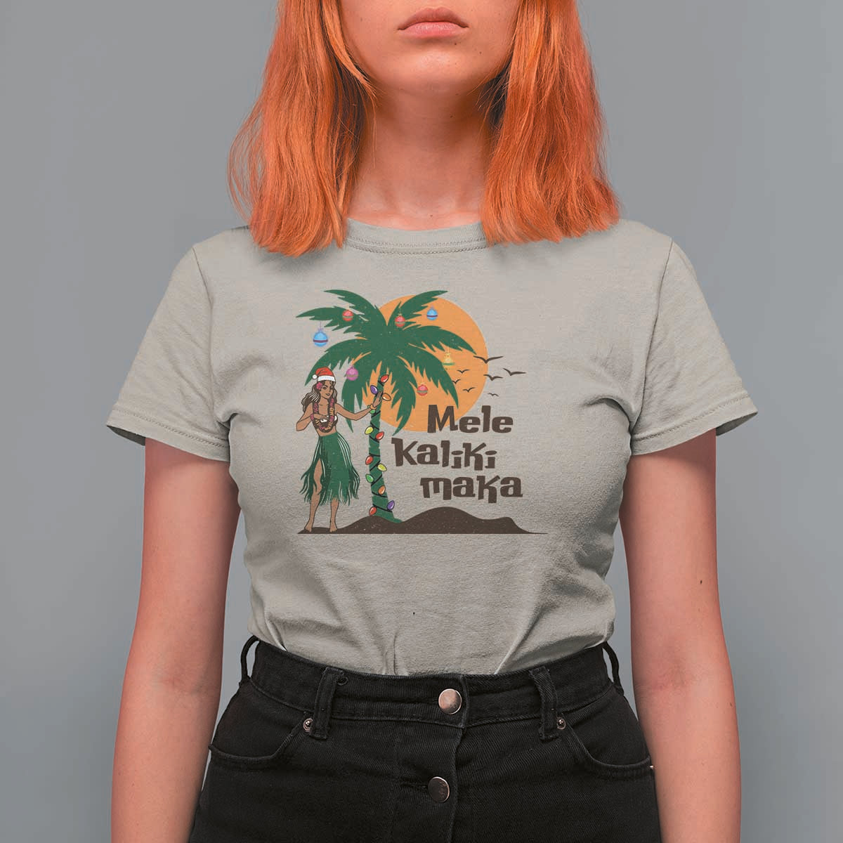 Christmas In Hawaii T Shirt For Women Mele Kalikimaka Retro Hula Girls Santa Hat Xmas - Wonder Print Shop