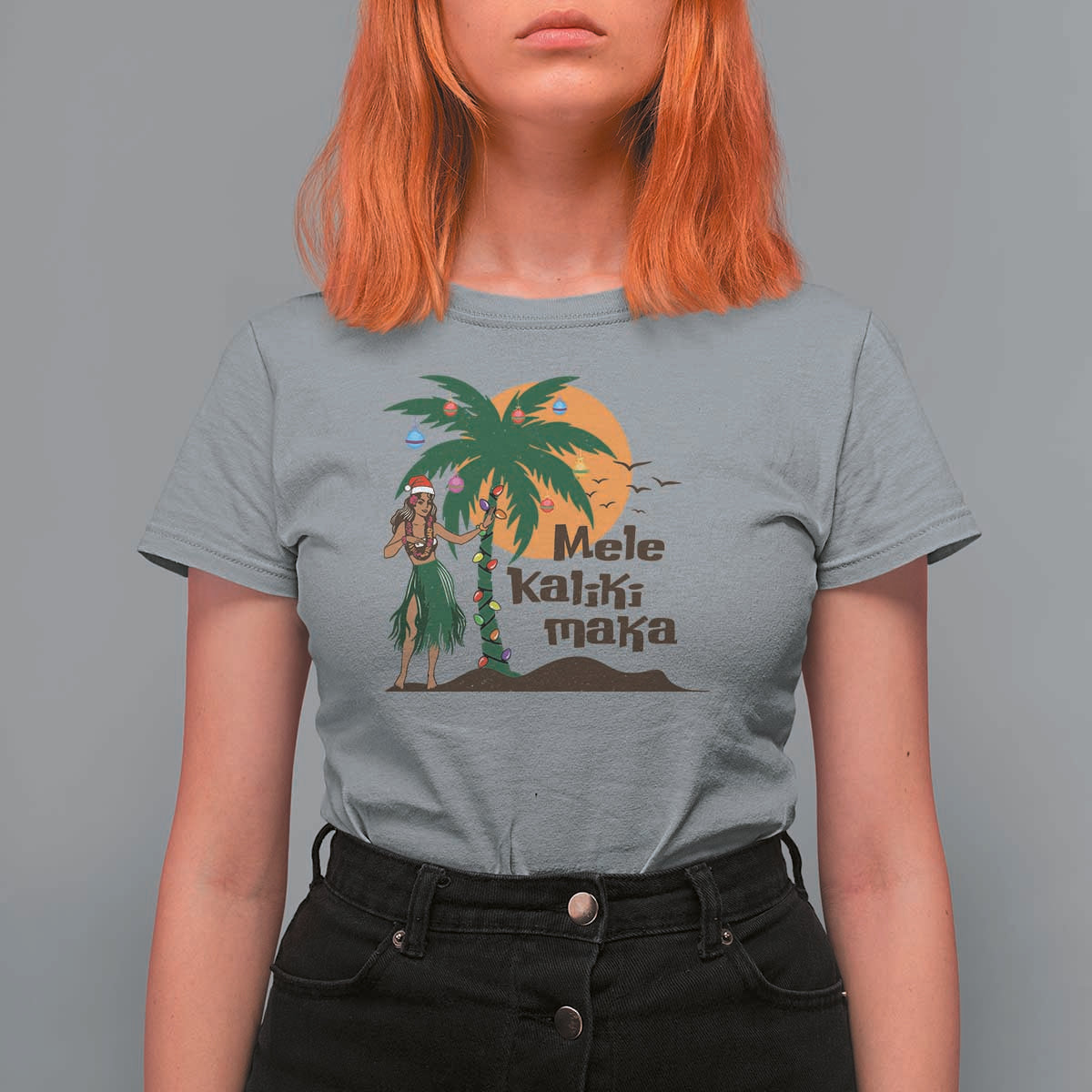 Christmas In Hawaii T Shirt For Women Mele Kalikimaka Retro Hula Girls Santa Hat Xmas - Wonder Print Shop