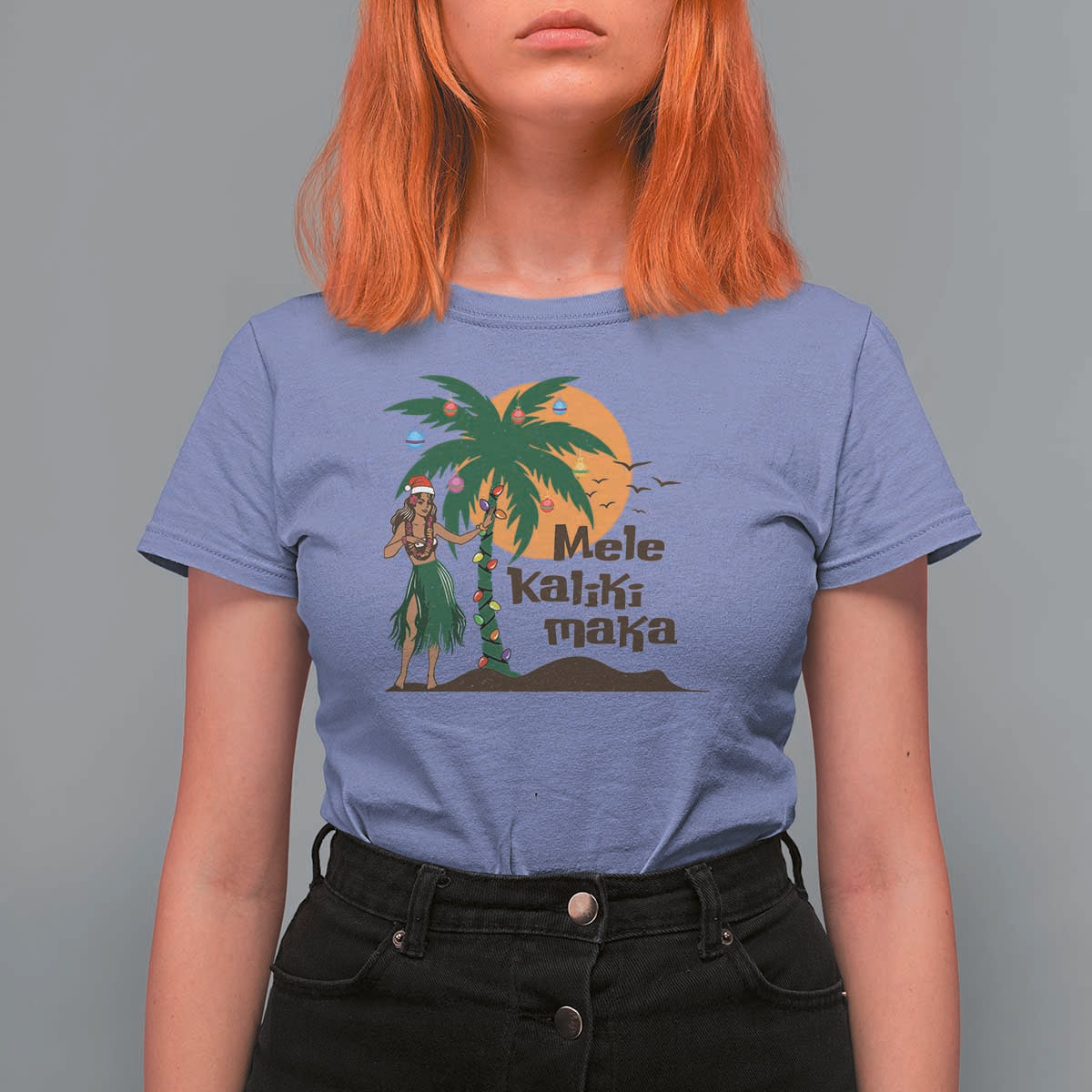 Christmas In Hawaii T Shirt For Women Mele Kalikimaka Retro Hula Girls Santa Hat Xmas - Wonder Print Shop