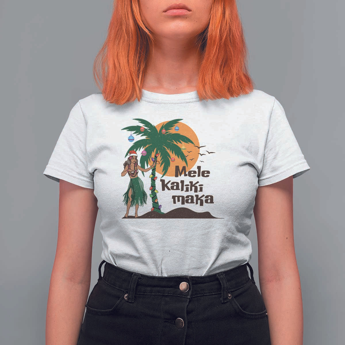 Christmas In Hawaii T Shirt For Women Mele Kalikimaka Retro Hula Girls Santa Hat Xmas - Wonder Print Shop