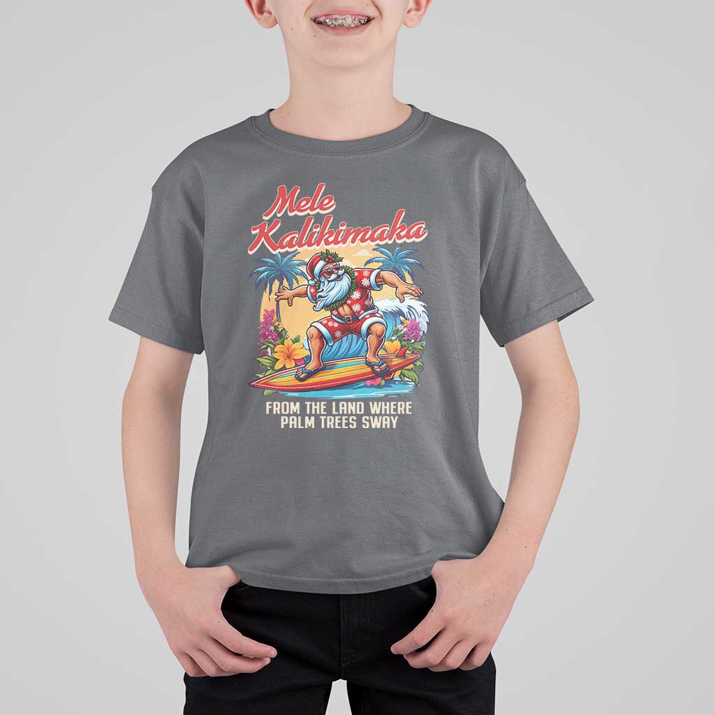 Christmas In Hawaii T Shirt For Kid Mele Kalikimaka From The Land Where Palm Trees Sway Surfing Santa - Wonder Print Shop