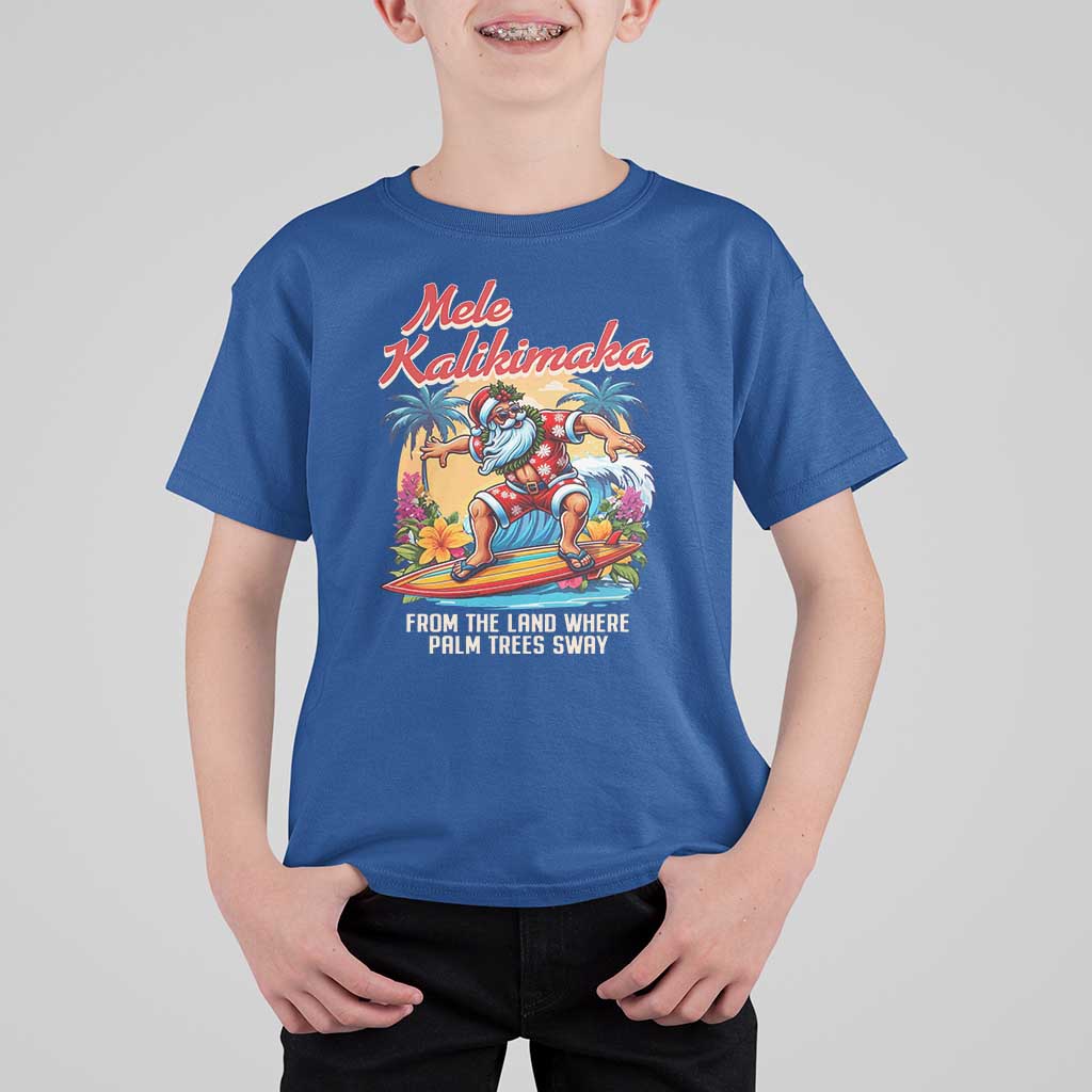 Christmas In Hawaii T Shirt For Kid Mele Kalikimaka From The Land Where Palm Trees Sway Surfing Santa - Wonder Print Shop