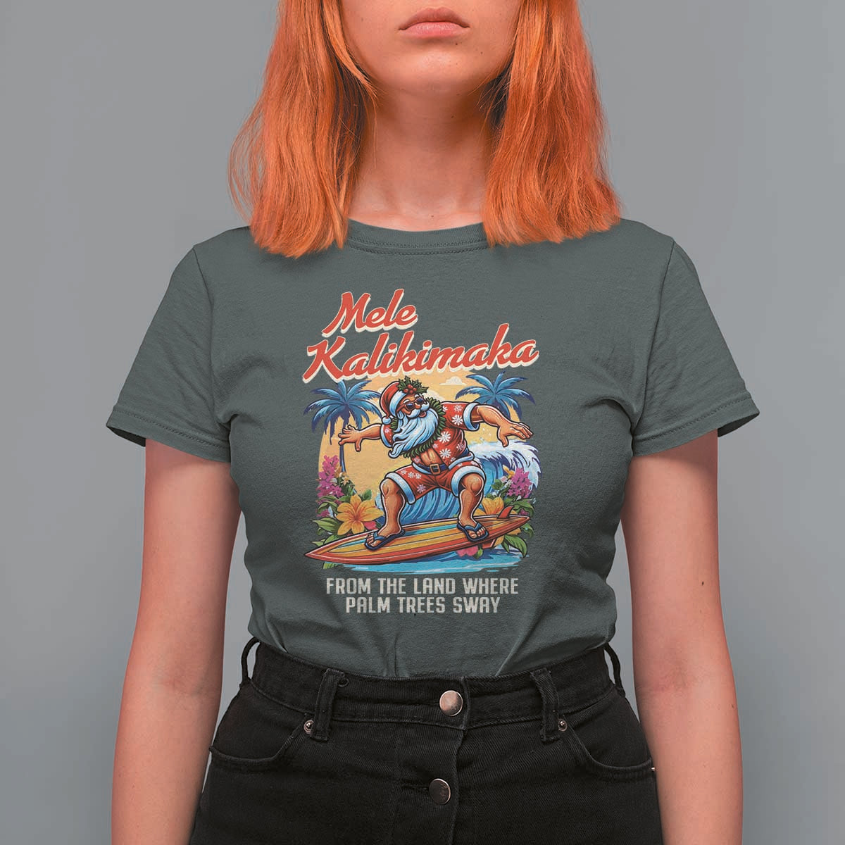 Christmas In Hawaii T Shirt For Women Mele Kalikimaka From The Land Where Palm Trees Sway Surfing Santa - Wonder Print Shop