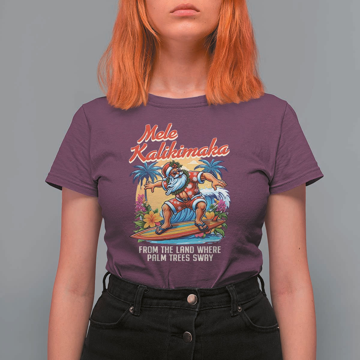 Christmas In Hawaii T Shirt For Women Mele Kalikimaka From The Land Where Palm Trees Sway Surfing Santa - Wonder Print Shop