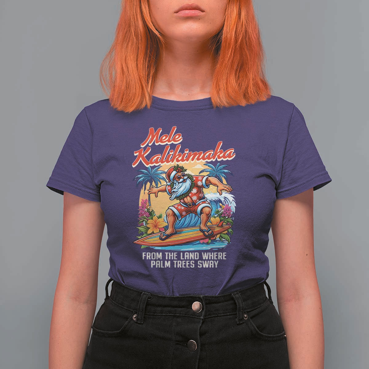 Christmas In Hawaii T Shirt For Women Mele Kalikimaka From The Land Where Palm Trees Sway Surfing Santa - Wonder Print Shop
