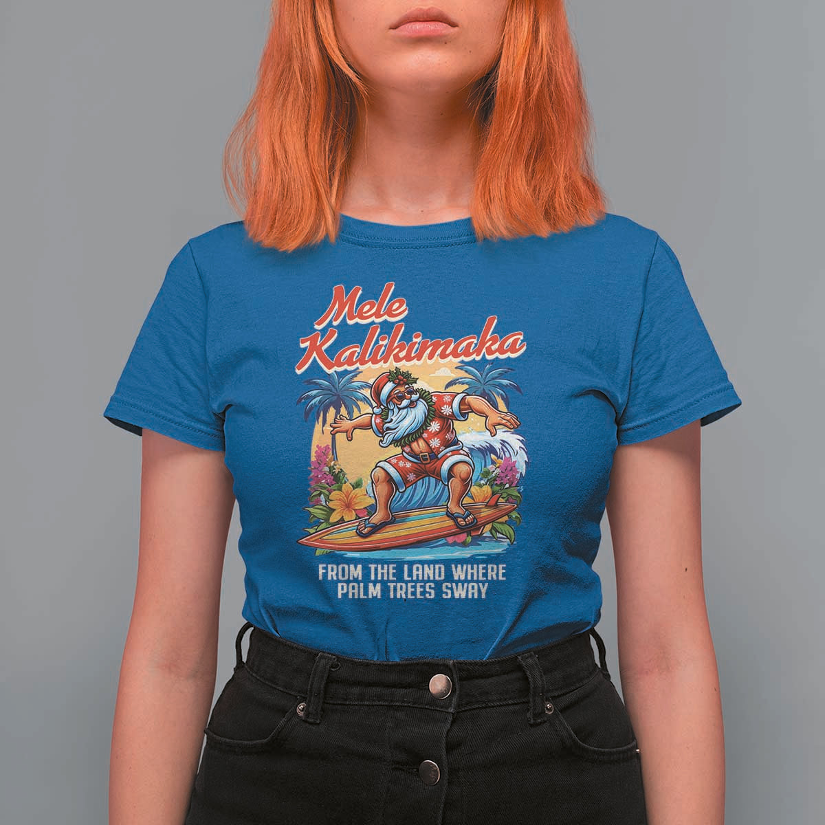Christmas In Hawaii T Shirt For Women Mele Kalikimaka From The Land Where Palm Trees Sway Surfing Santa - Wonder Print Shop