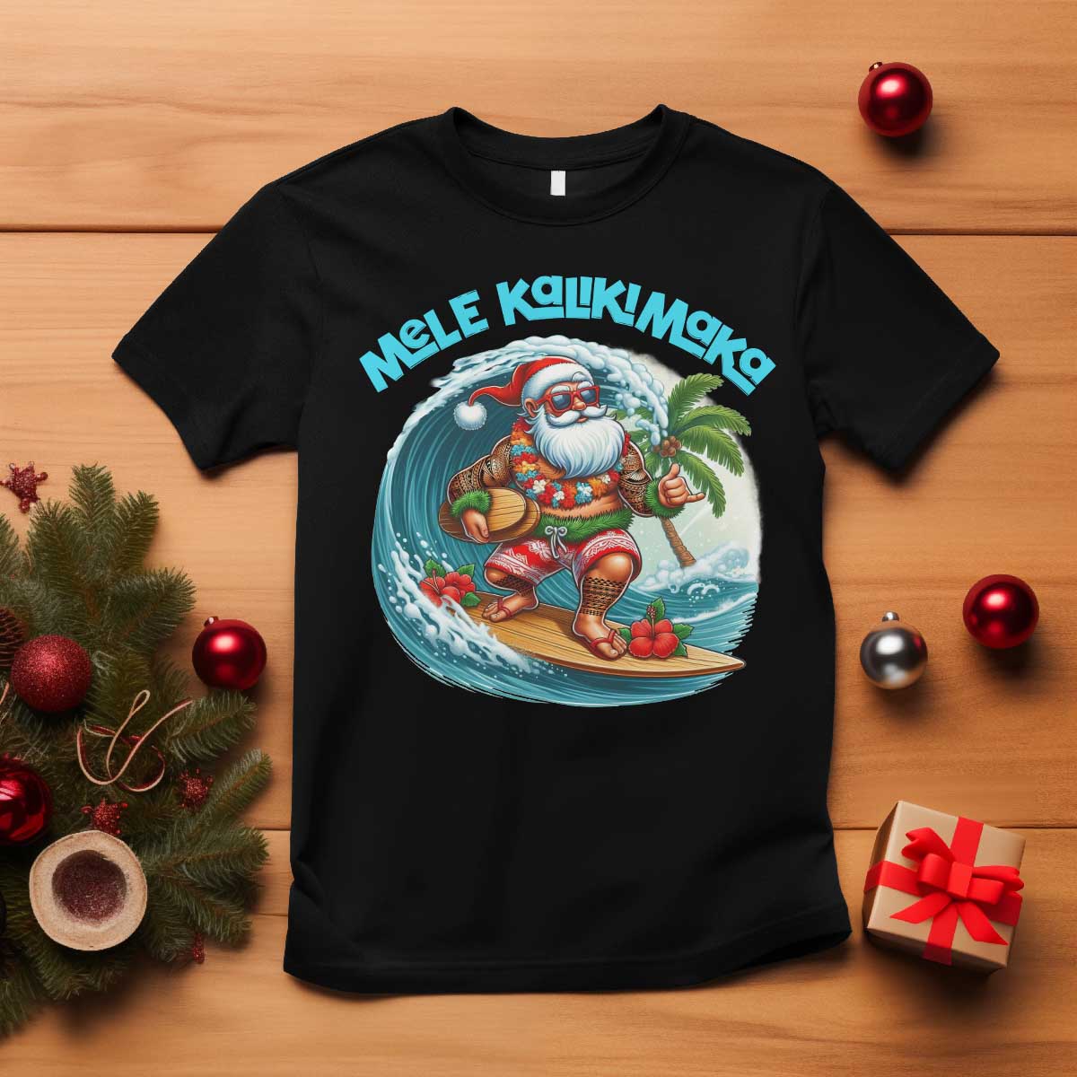 Christmas In Hawaii T Shirt Mele Kalikimaka Santa Surfing Hibiscus - Wonder Print Shop