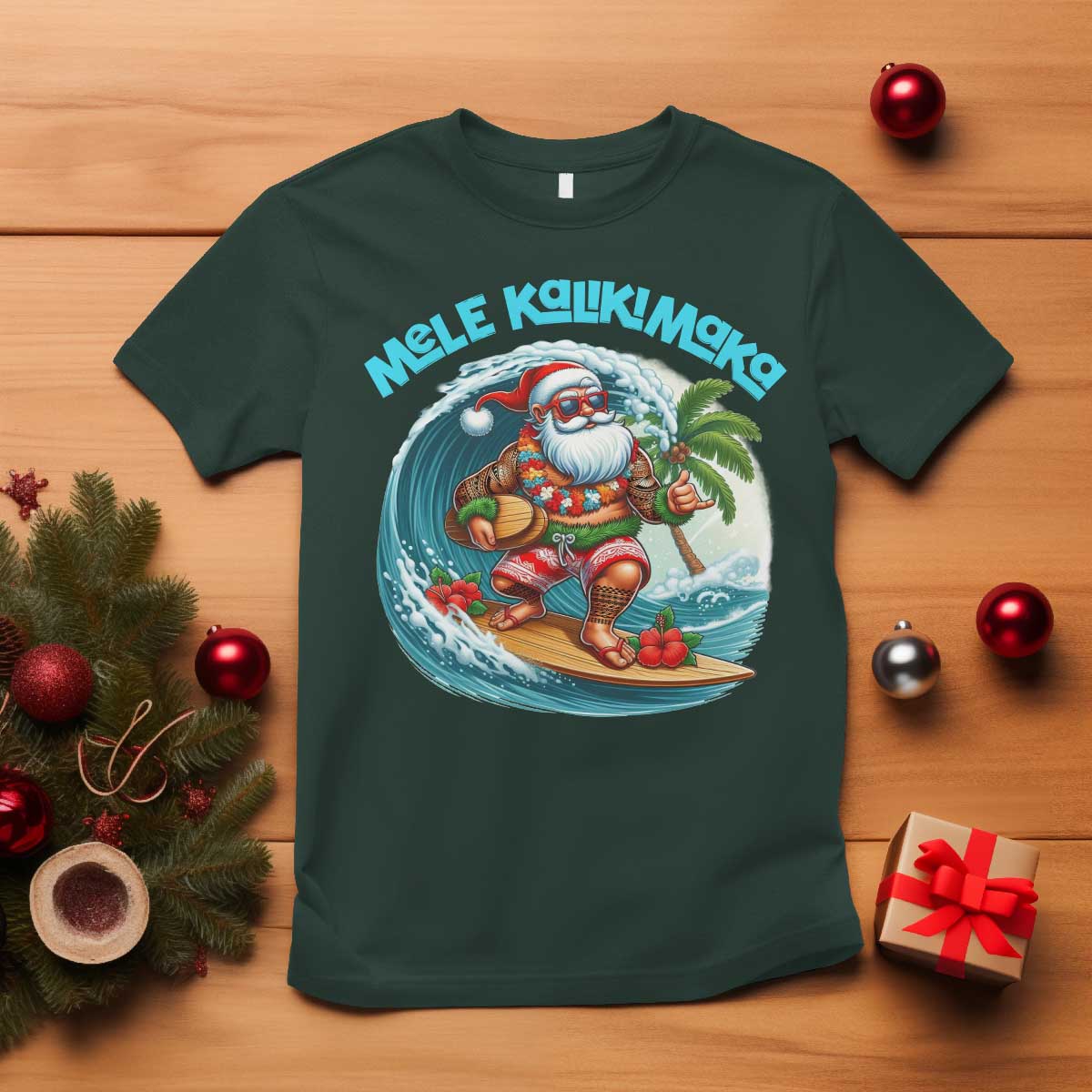 Christmas In Hawaii T Shirt Mele Kalikimaka Santa Surfing Hibiscus - Wonder Print Shop