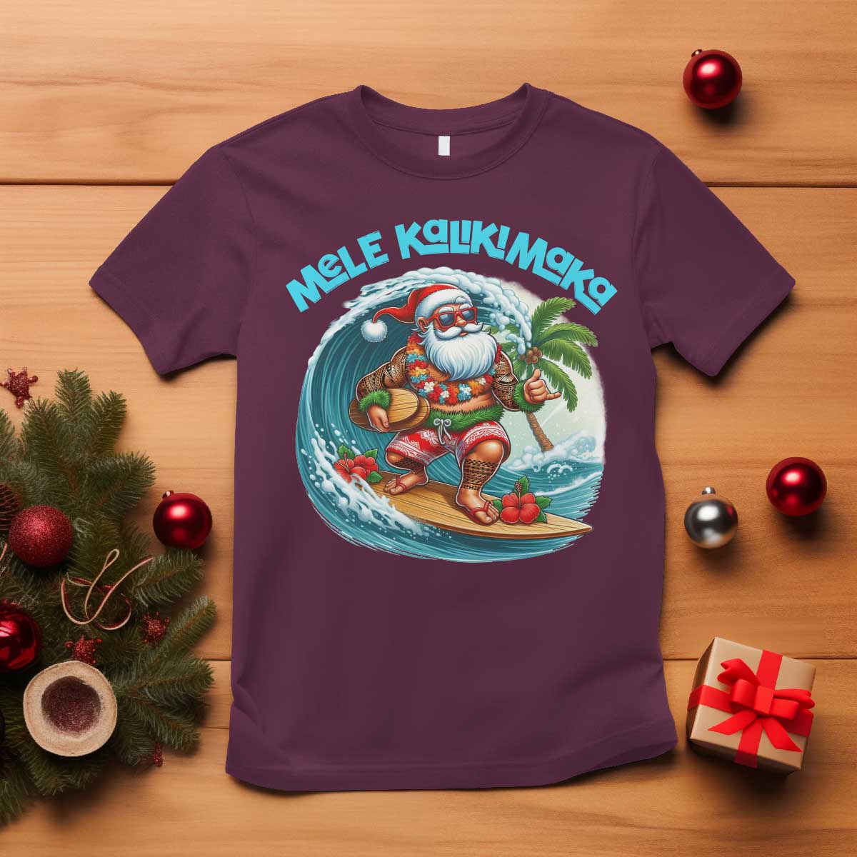 Christmas In Hawaii T Shirt Mele Kalikimaka Santa Surfing Hibiscus - Wonder Print Shop