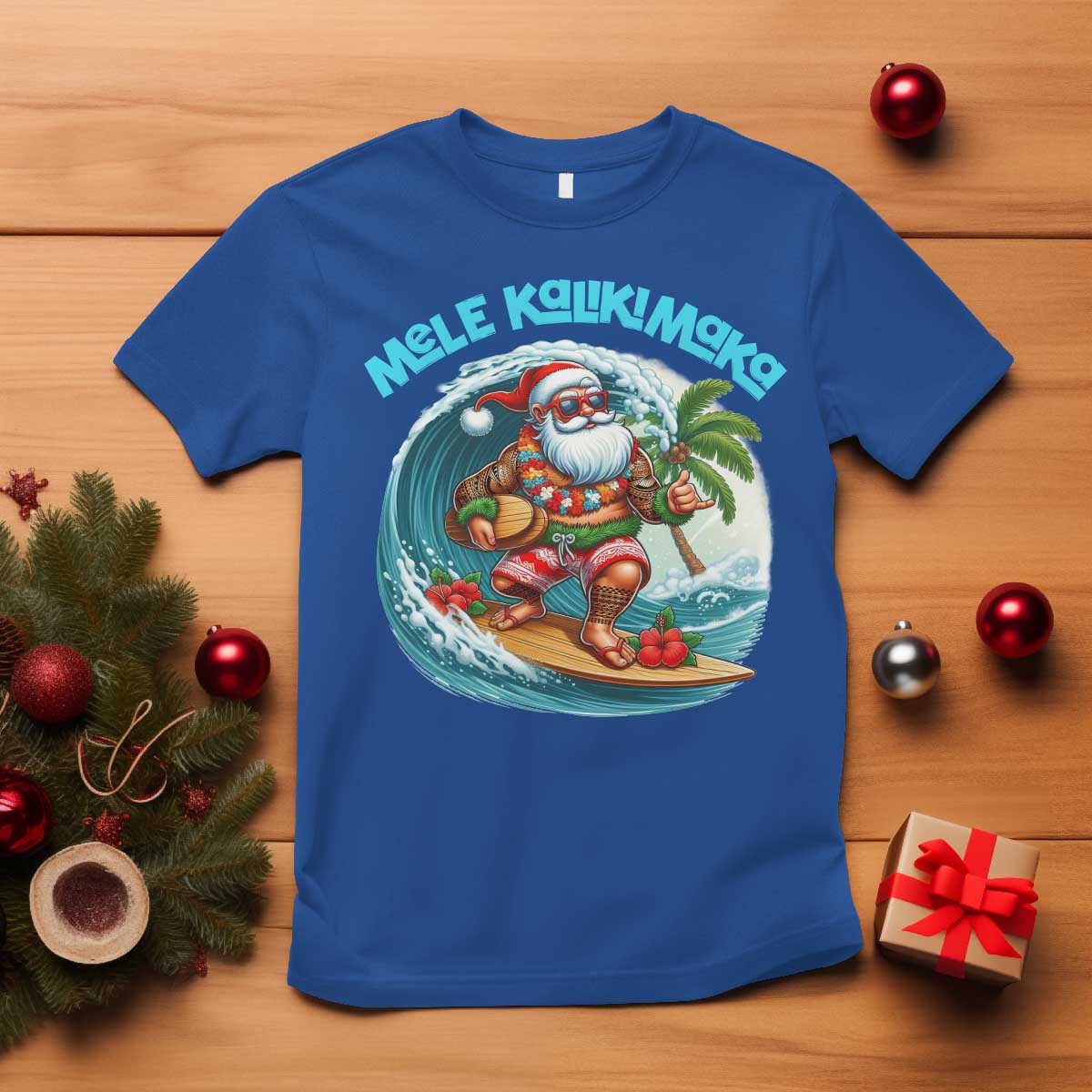 Christmas In Hawaii T Shirt Mele Kalikimaka Santa Surfing Hibiscus - Wonder Print Shop