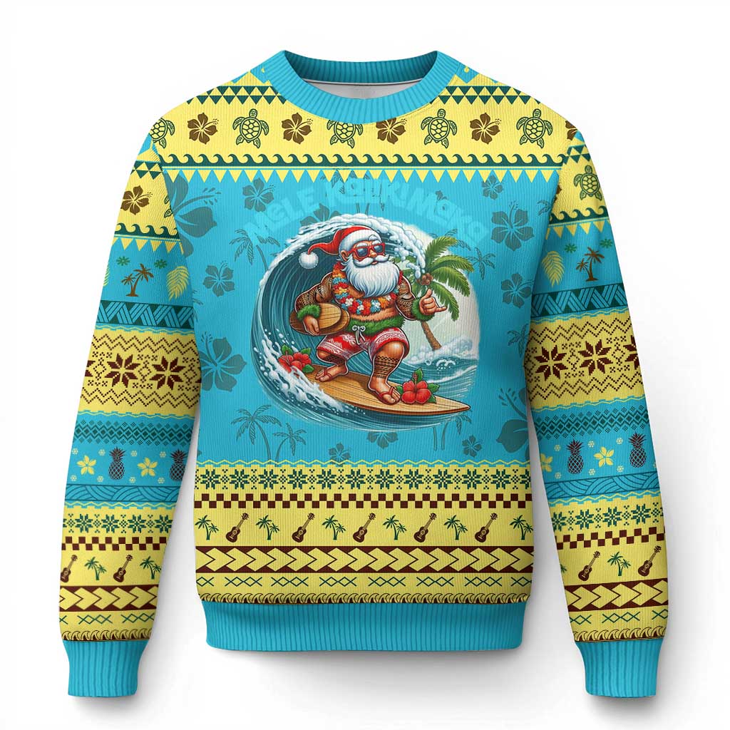 Xmas In Hawaii Ugly Christmas Sweater Mele Kalikimaka Santa Surfing Hibiscus - Wonder Print Shop