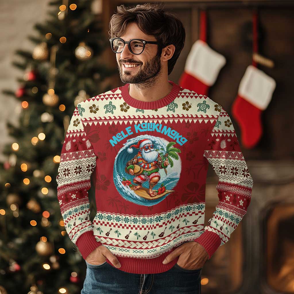 Xmas In Hawaii Ugly Christmas Sweater Mele Kalikimaka Santa Surfing Hibiscus - Wonder Print Shop
