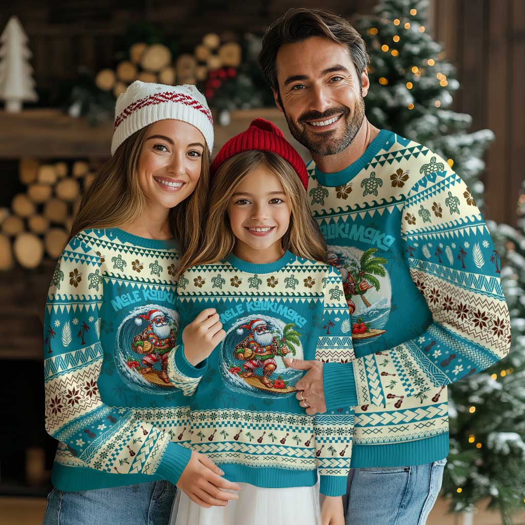 Xmas In Hawaii Ugly Christmas Sweater Mele Kalikimaka Santa Surfing Hibiscus - Wonder Print Shop