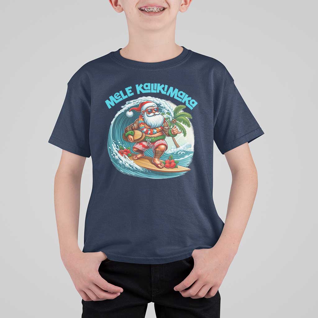 Christmas In Hawaii T Shirt For Kid Mele Kalikimaka Santa Surfing Hibiscus - Wonder Print Shop