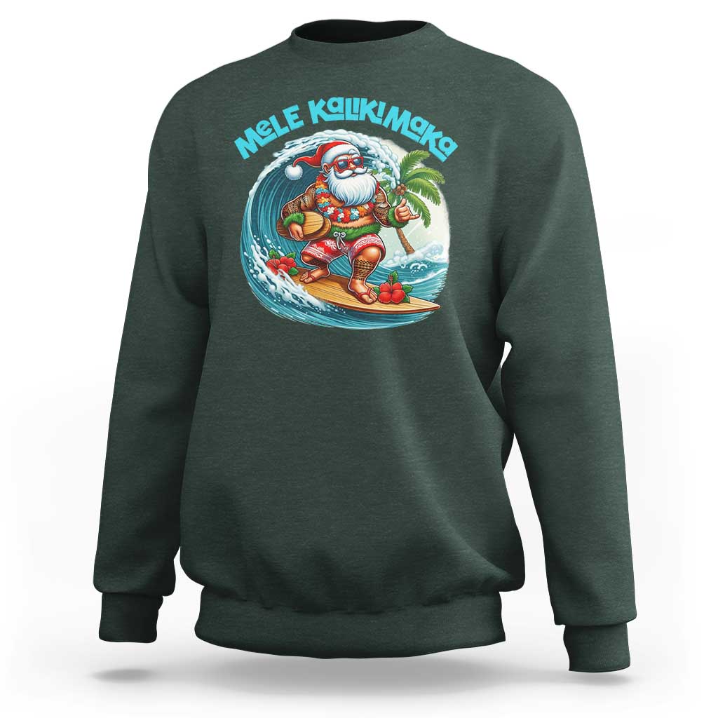 Christmas In Hawaii Sweatshirt Mele Kalikimaka Santa Surfing Hibiscus - Wonder Print Shop