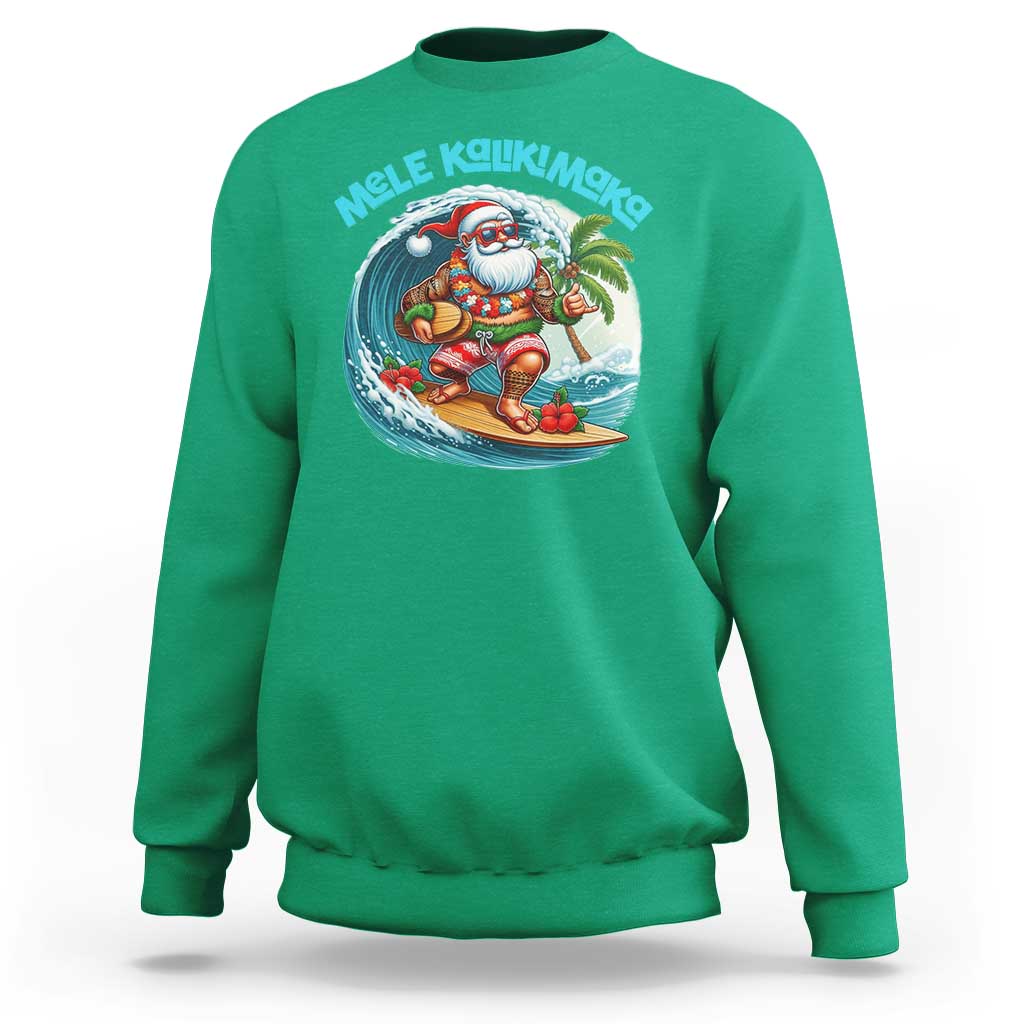 Christmas In Hawaii Sweatshirt Mele Kalikimaka Santa Surfing Hibiscus - Wonder Print Shop