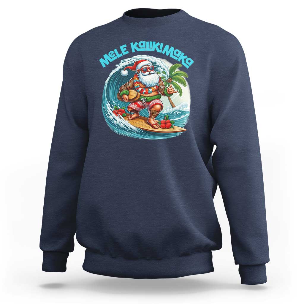 Christmas In Hawaii Sweatshirt Mele Kalikimaka Santa Surfing Hibiscus - Wonder Print Shop