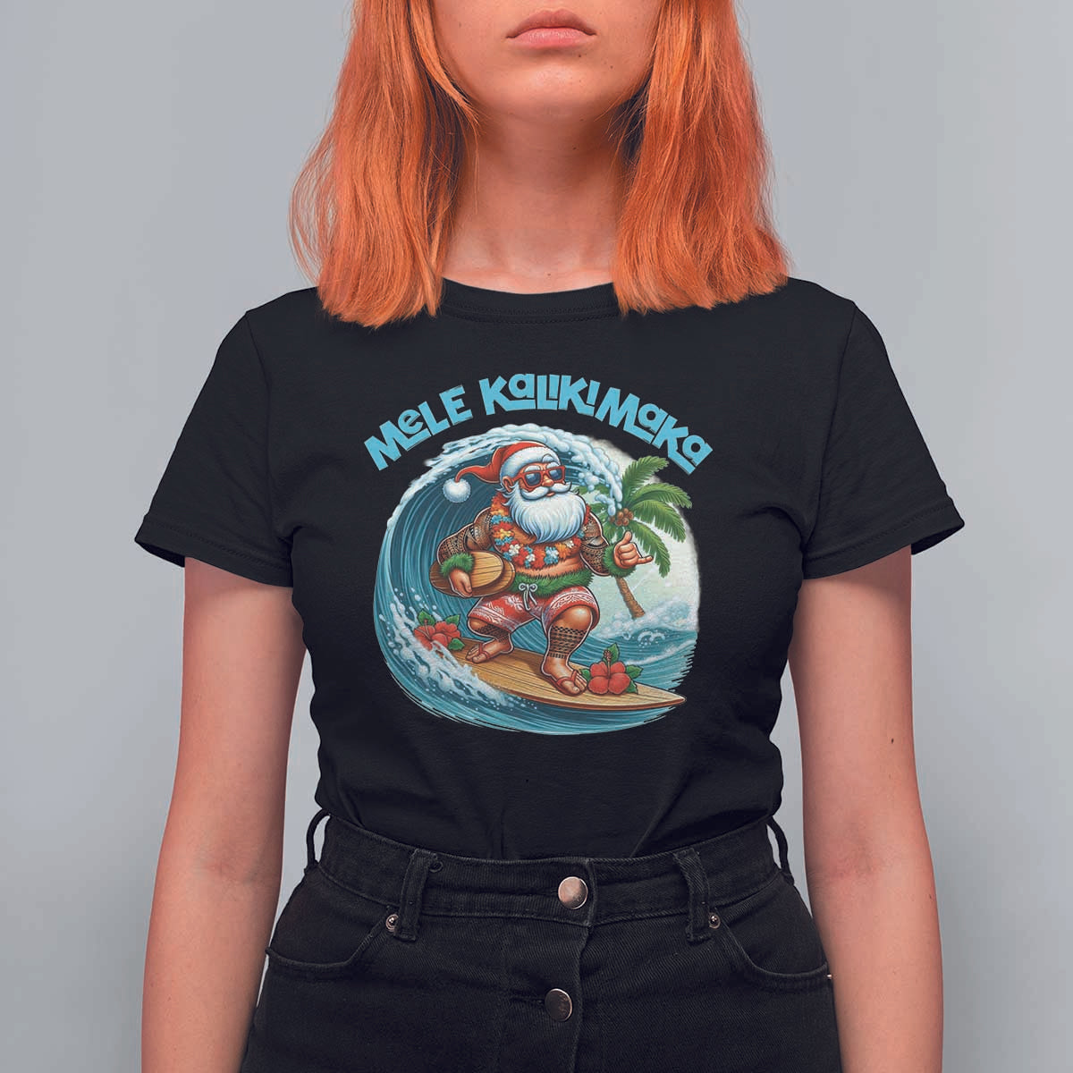 Christmas In Hawaii T Shirt For Women Mele Kalikimaka Santa Surfing Hibiscus - Wonder Print Shop