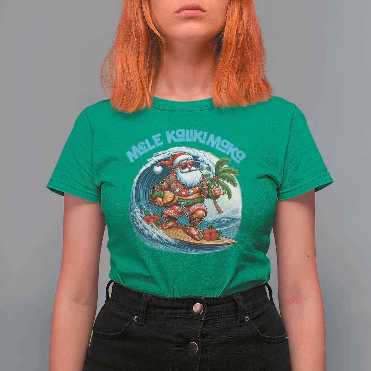Christmas In Hawaii T Shirt For Women Mele Kalikimaka Santa Surfing Hibiscus - Wonder Print Shop