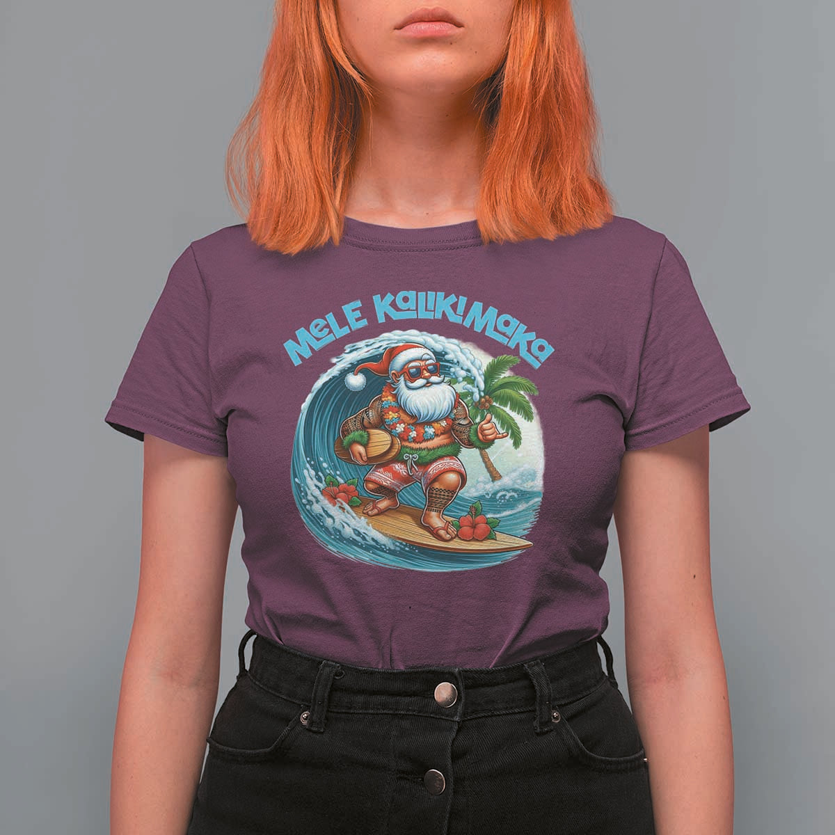 Christmas In Hawaii T Shirt For Women Mele Kalikimaka Santa Surfing Hibiscus - Wonder Print Shop