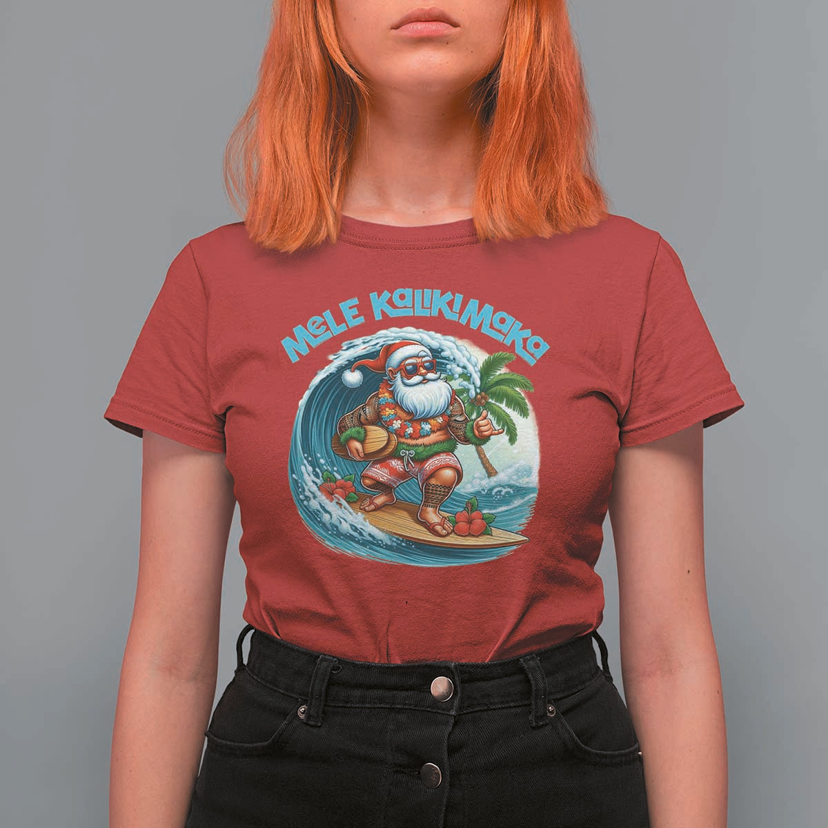 Christmas In Hawaii T Shirt For Women Mele Kalikimaka Santa Surfing Hibiscus - Wonder Print Shop