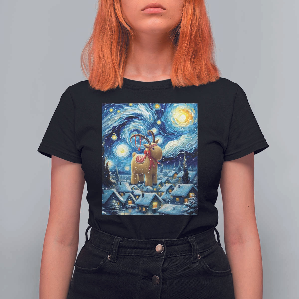 Yule Goat T Shirt For Women Yule Starry Night Winter Solstice Christmas Vincent Van Gogh - Wonder Print Shop