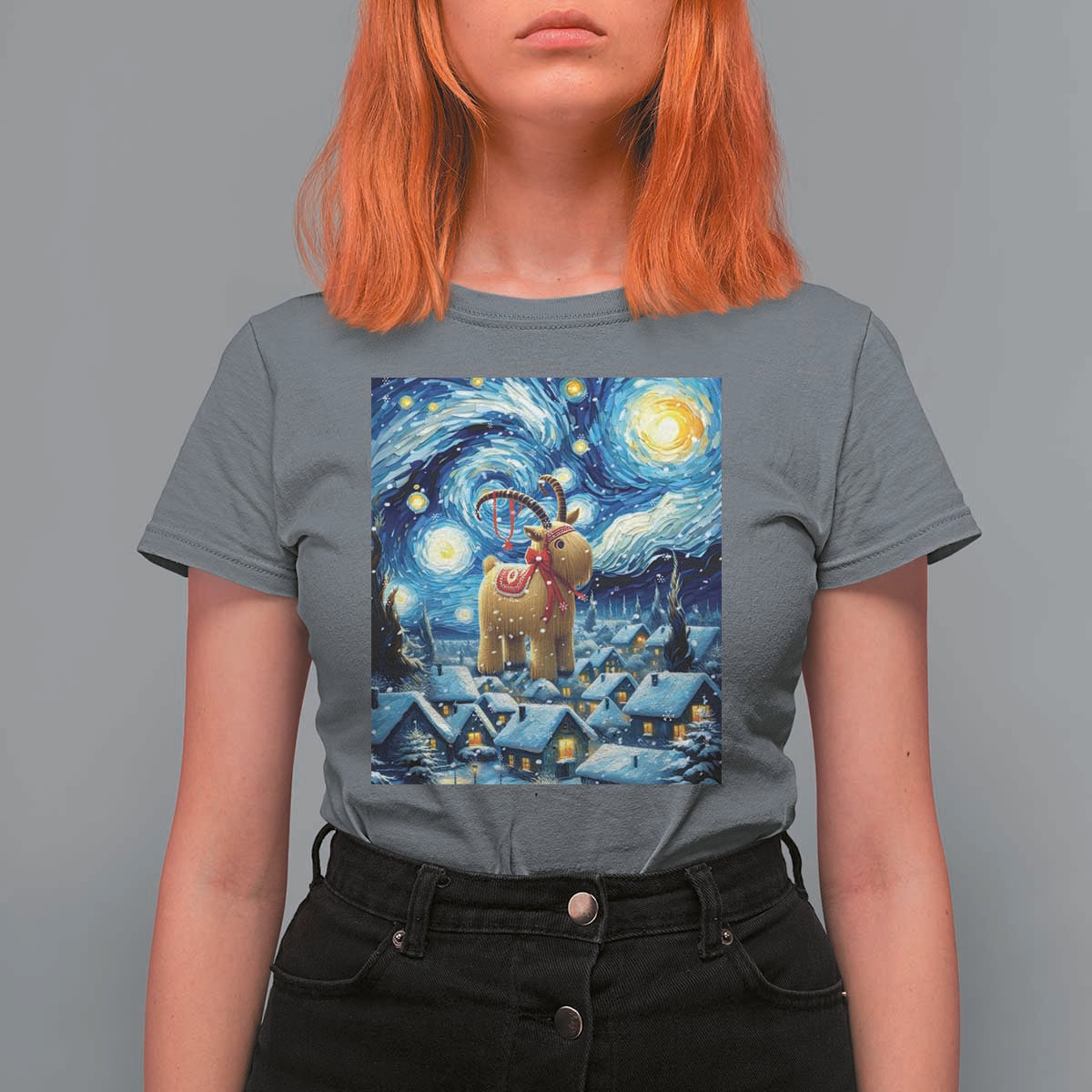 Yule Goat T Shirt For Women Yule Starry Night Winter Solstice Christmas Vincent Van Gogh - Wonder Print Shop