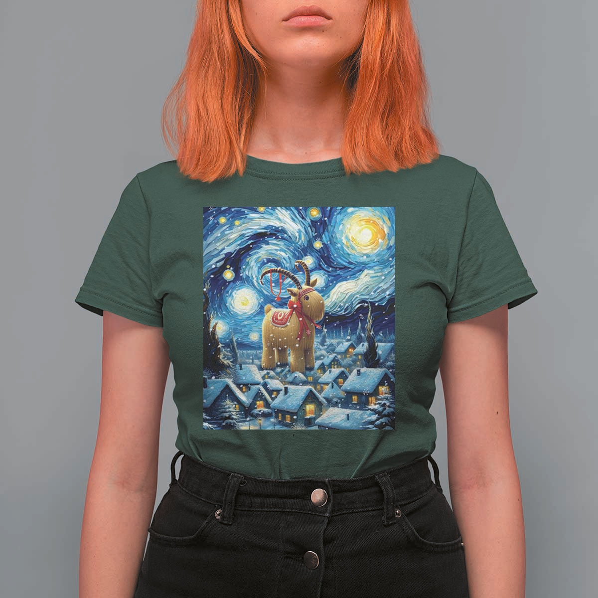 Yule Goat T Shirt For Women Yule Starry Night Winter Solstice Christmas Vincent Van Gogh - Wonder Print Shop