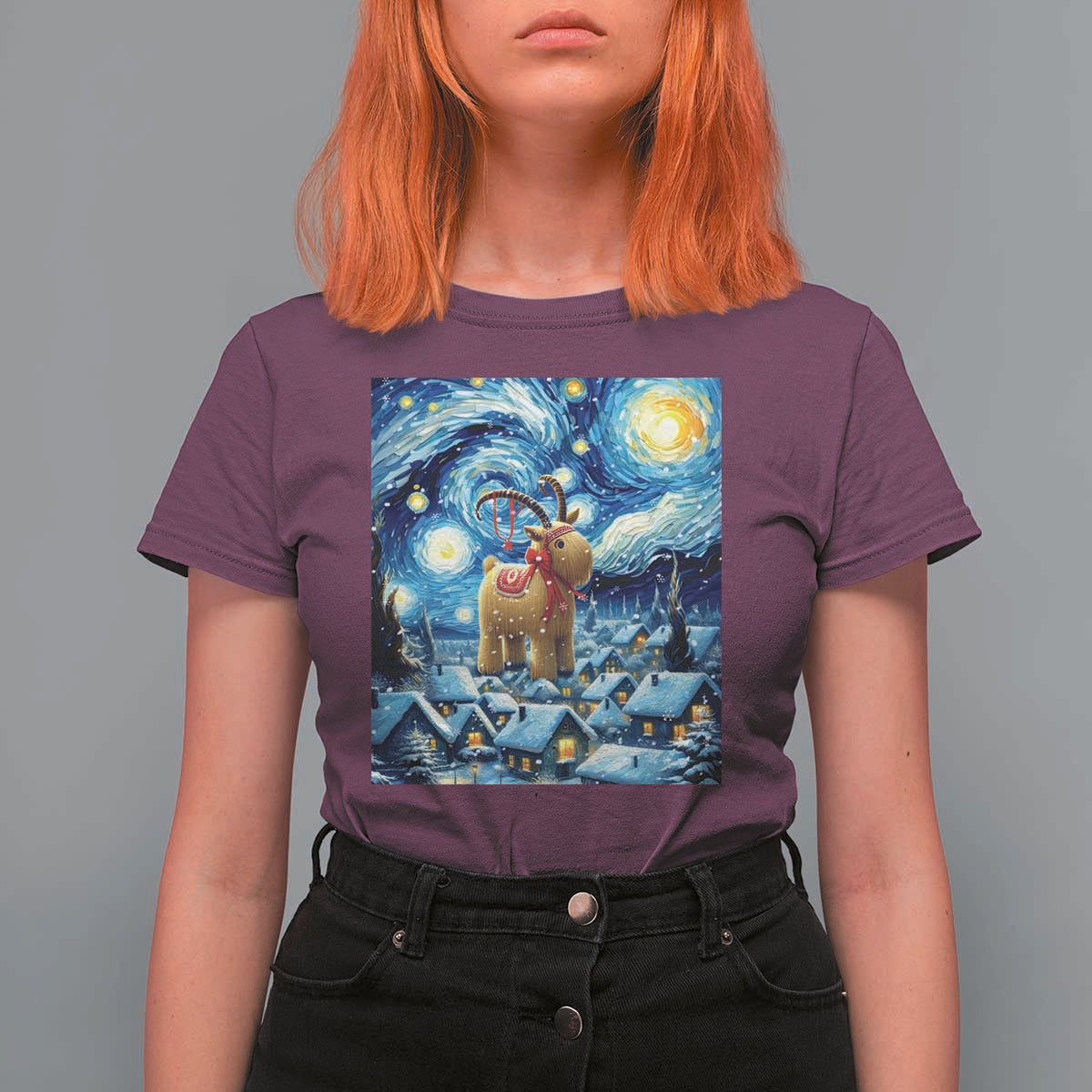 Yule Goat T Shirt For Women Yule Starry Night Winter Solstice Christmas Vincent Van Gogh - Wonder Print Shop