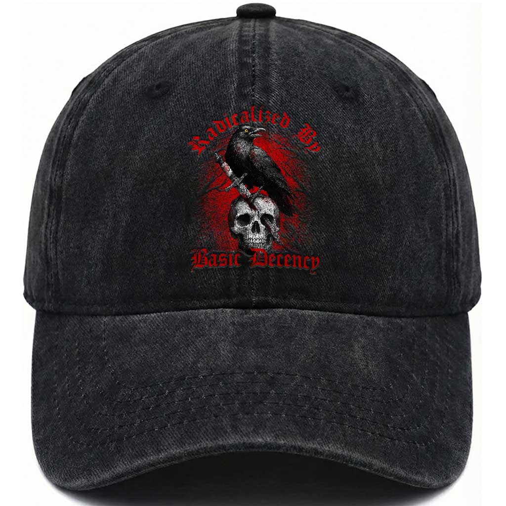 Radicalized By Basic Decency Washed Cotton Baseball Cap Vintage Gothic Victorian Crow Skull