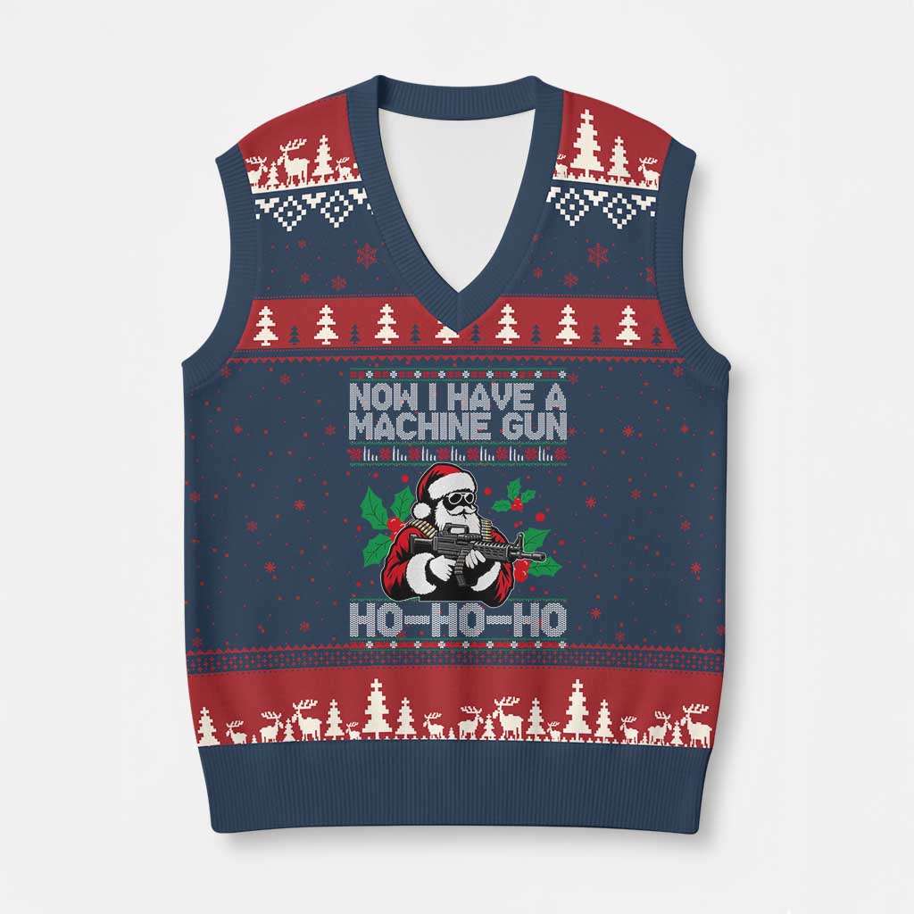 Funny Christmas 80's Die Movie V-Neck Knit Sweater Vest Now I Have A Machine Gun Ho Ho Ho Gun Lover - Wonder Print Shop